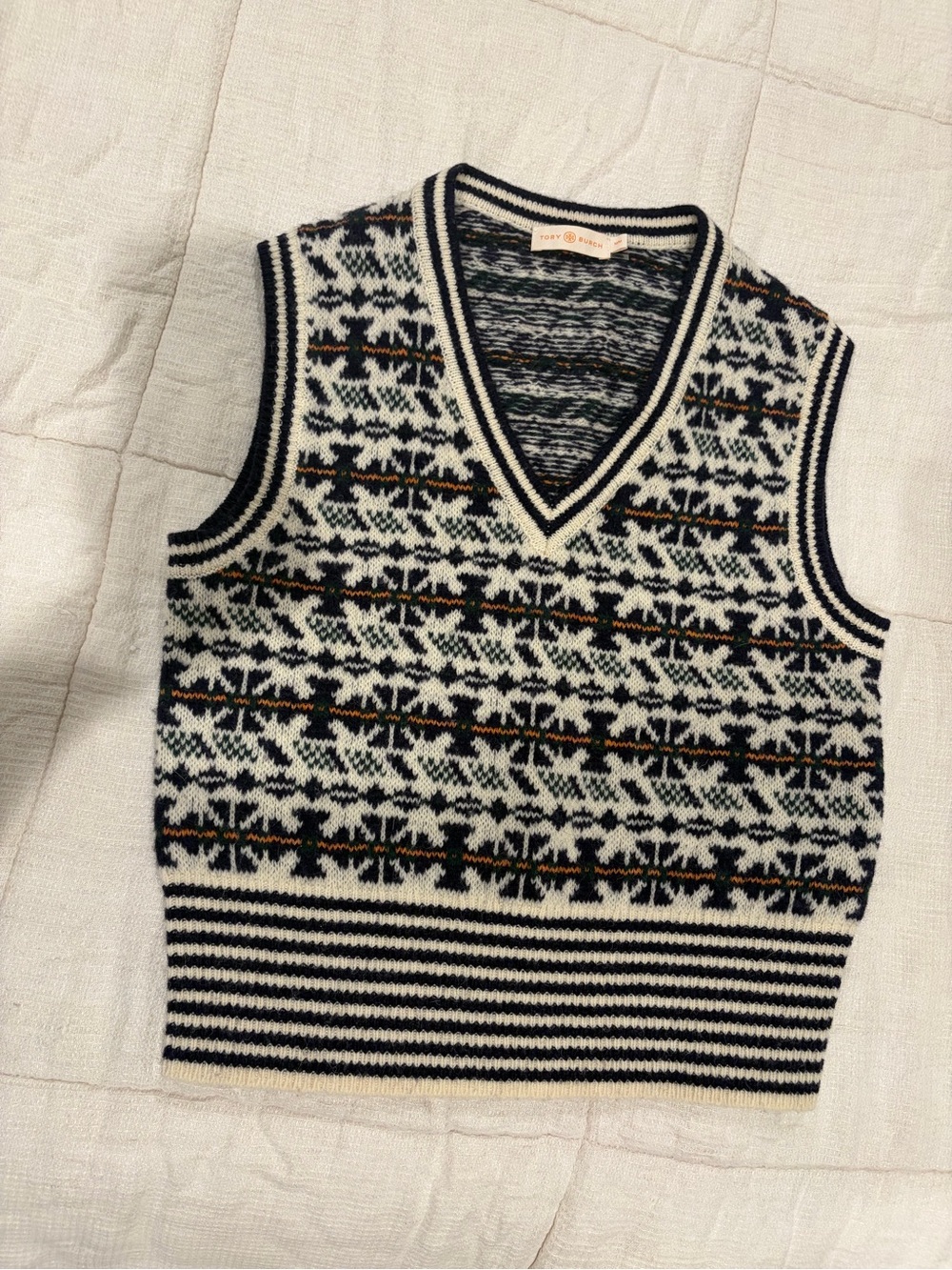 Tory Burch Fair Isle Knit V-Neck Sweater Vest - Cream & Navy